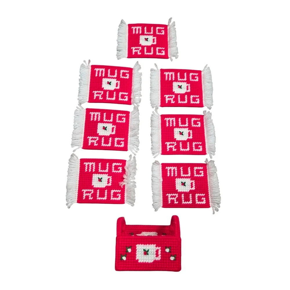 Vintage Handmade Needlepoint Mug Rug Coaster Set Red White 7pc with‎ Holder